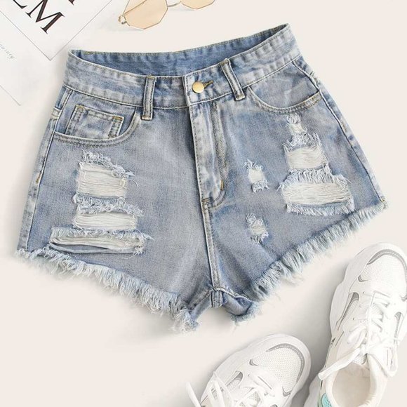 SHEIN Pants - SHEIN Distressed Stone Wash Frayed Jean Shorts